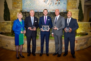 Photo by Tim Webb From left, Trudy Webb Banta, Winn F. Williams, Preston C. Worley, Paul Karem and Willis K. Bright were honored for their service to the UK Alumni Association during the recent Board of Directors Summer Workshop awards dinner.